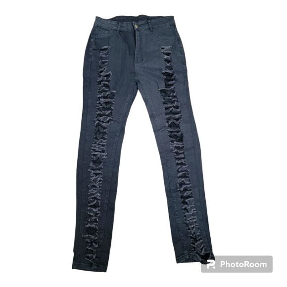 High-Rise Destructed Black Jeans Skinny Super Stretch Distressed Denim Size M - Picture 1 of 9